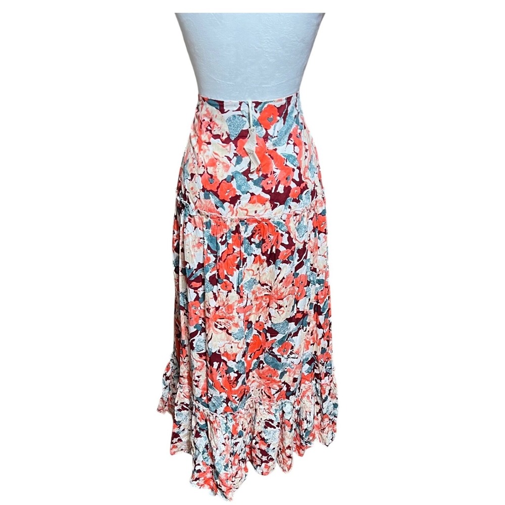 Luna Moon Floral Maxi Skirt Coral Teal Tiered Ruffle Eyelet Boho Women M - Picture 3 of 7